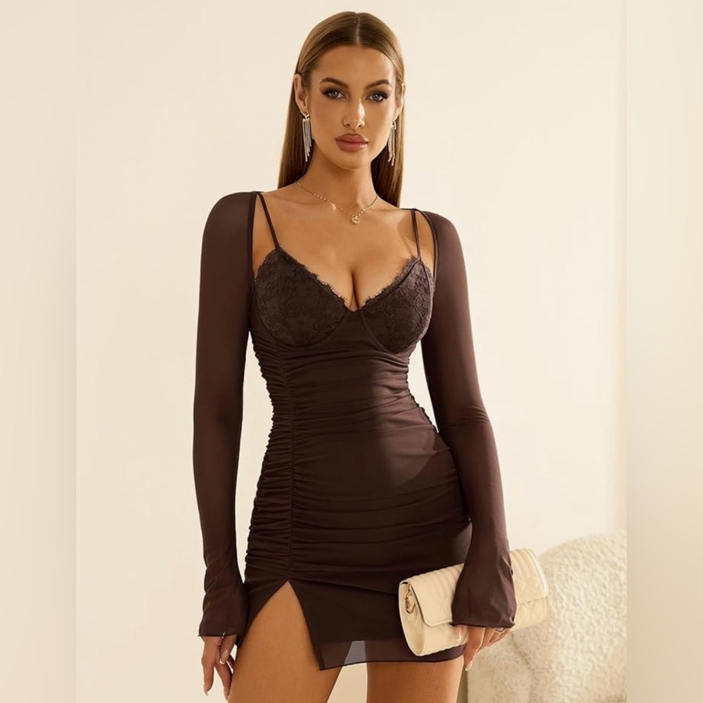 Sexy Long Sleeve Bodycon Mini Dress V-Neck Ruched Party Club Dress